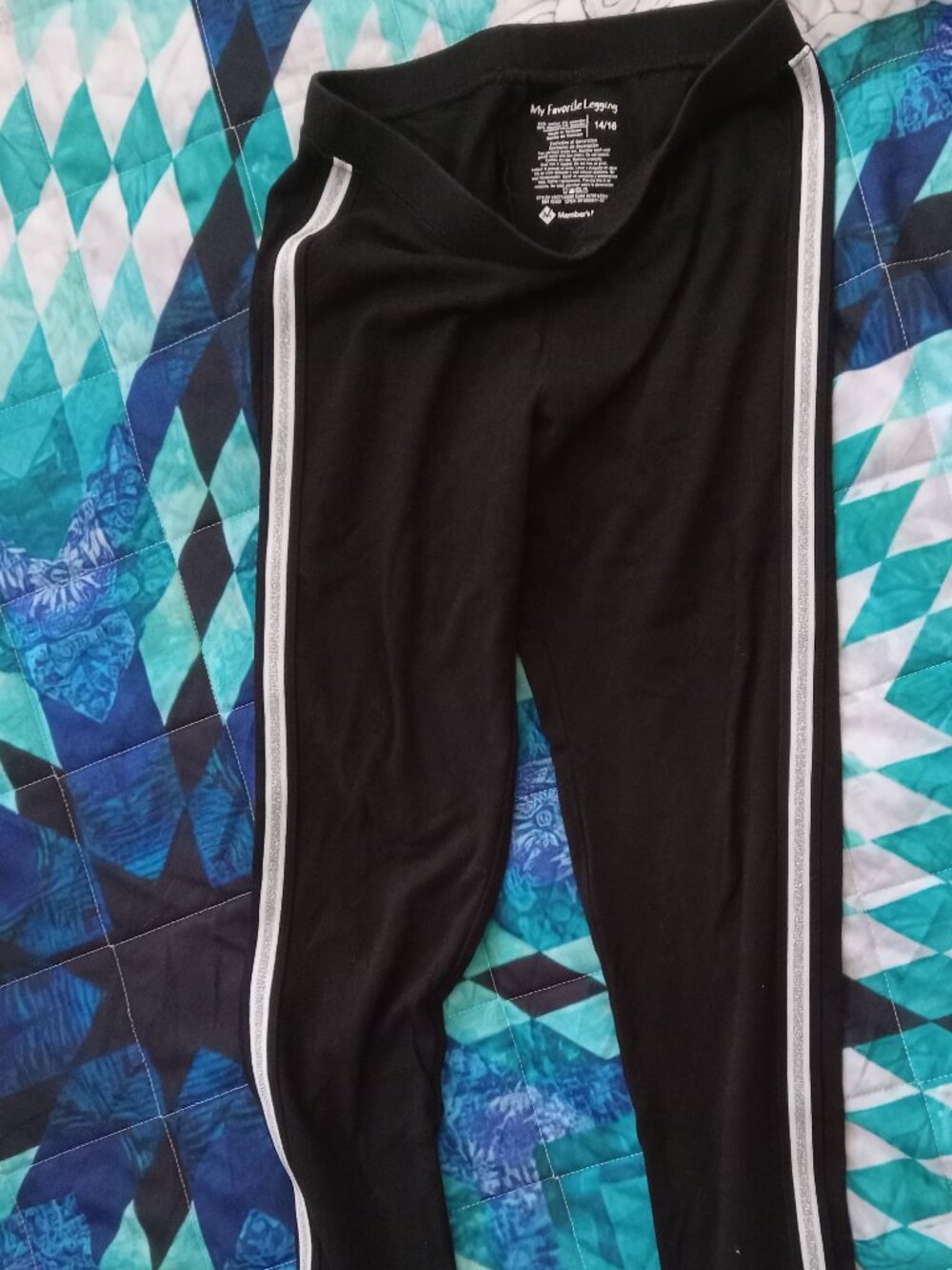 My Favorite Leggings Girl's size 14/16. Black w/ white & Silver stripe